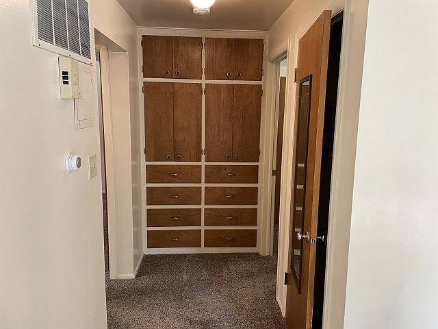 Hallway with built-in cabinets & coat closet