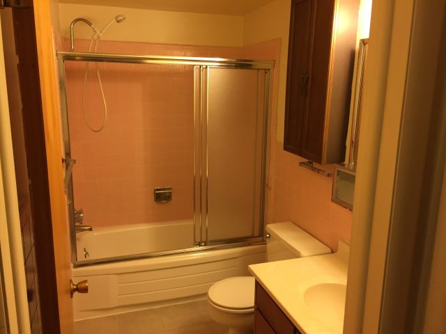 Full bath has heat lamps, shower wand & tub doors